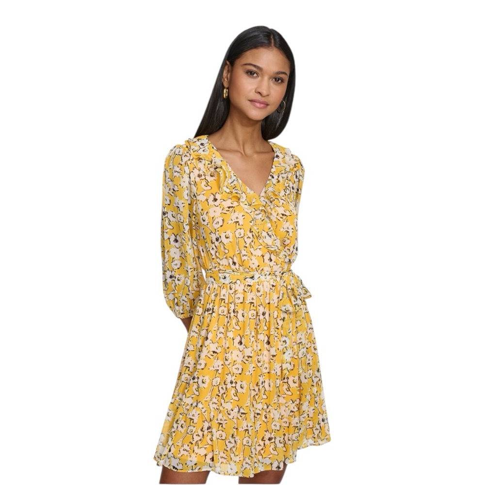 KARL LAGERFELD PARIS Women’s Yellow Floral Print Belted A Line Dress Size 10